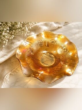 MCM Jeanette MARIGOLD IRIDESCENT CARNIVAL GLASS 12” BOWL - Iris & Herringbone
